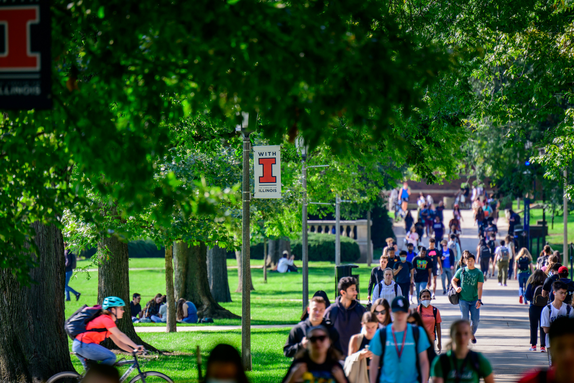 Students walk across the main quad as they head to classes at the University of Illinois Urbana-Champaign.