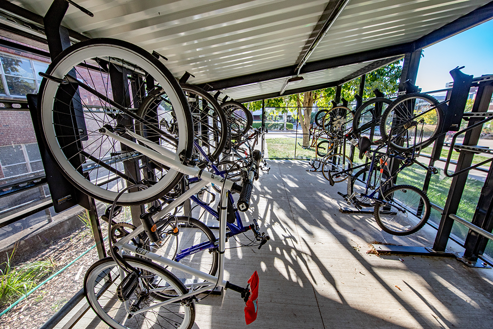 Bike Shelter with a vertical rack system at the U of I.