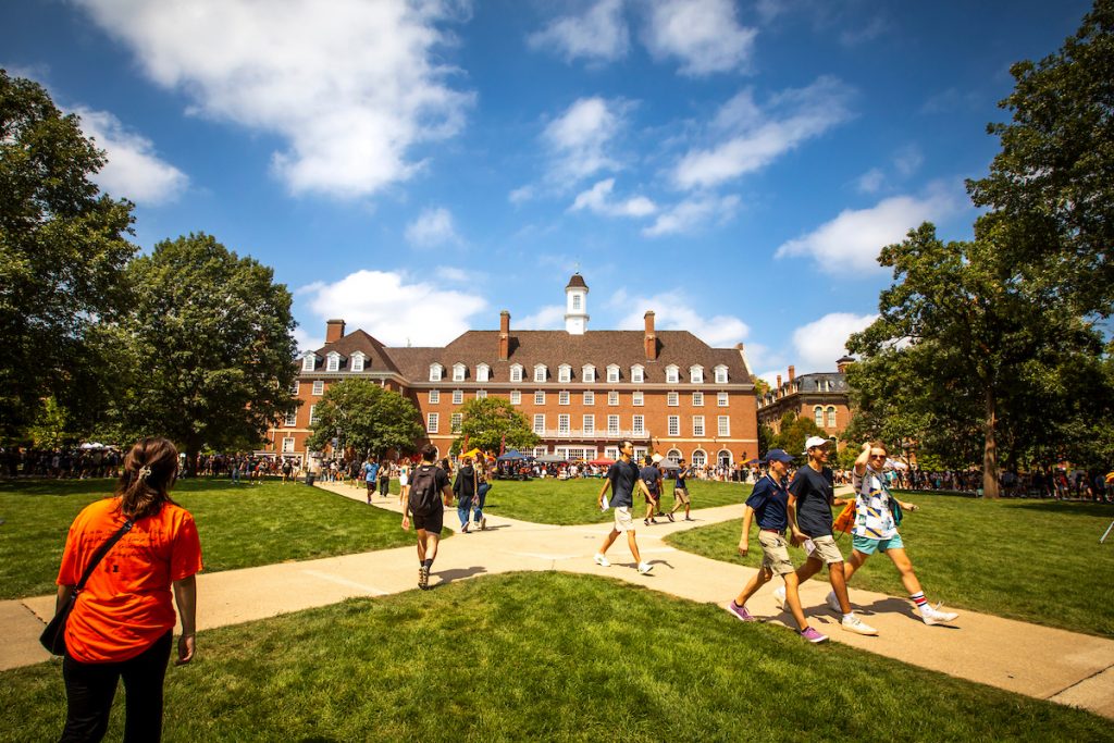 People walking on the Main Quad in front of the Illini Union